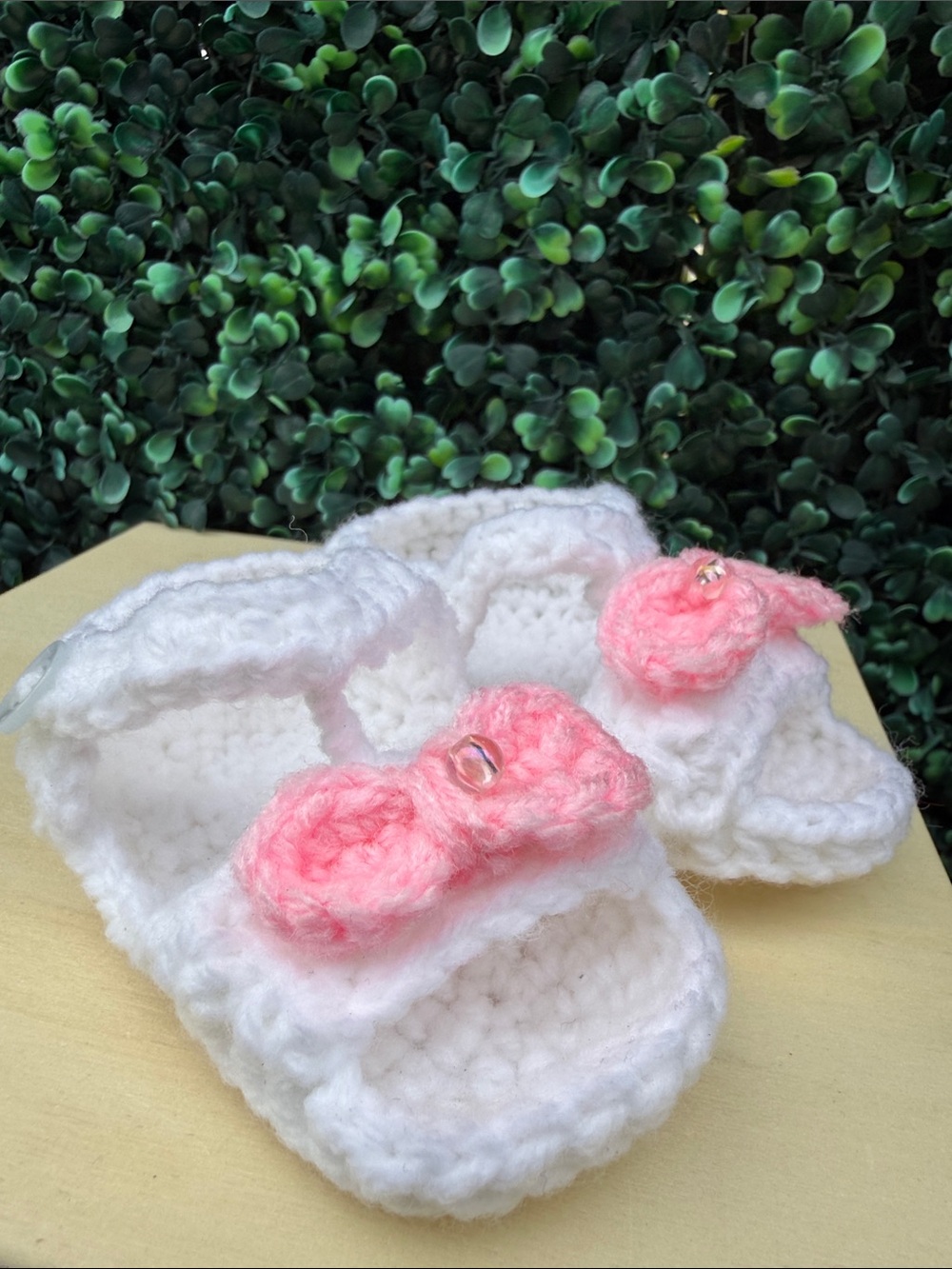 Hand Crafted White Crochet Baby Sandals with Pink Bows